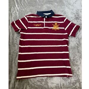Polo Ralph Lauren Men XL Custom Fit Rugby Saddle Maker Polo Shirt Maroon Striped